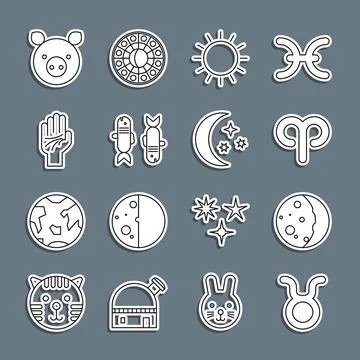 Set line Taurus zodiac, Eclipse of the sun, Aries, Sun, Pisces, Palmistry hand 스톡 일러스트