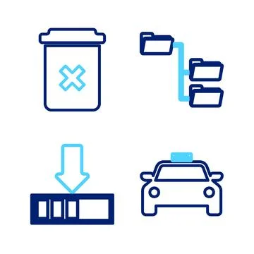 Set line Taxi car, Loading, Folder tree and Trash can icon. Vector Stock Illustration