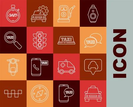 Set line Taxi car, Map pointer with taxi, call telephone service, Petrol or Gas Stock Illustration