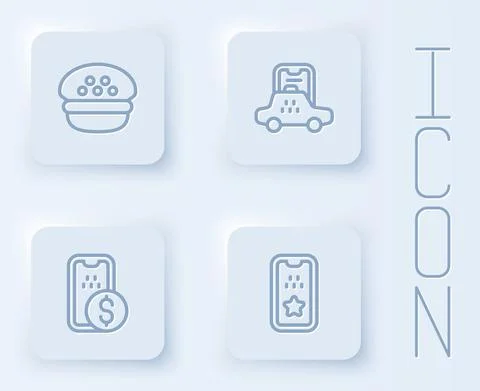 Set line Taxi driver cap, mobile app, Mobile banking and . White square button Stock Illustration