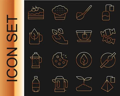 Set line Tea bag, Cigarette, Candy, Spoon with sugar, leaf in hand, Cup of tea Illustration