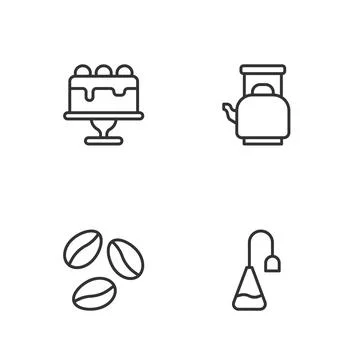 Set line Tea bag, Coffee beans, Cake and Kettle with handle icon. Vector Illustration