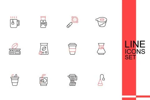 Set line Tea bag, Coffee maker moca pot, Espresso tonic coffee, cup go, Pou.. Ilustración de archivo