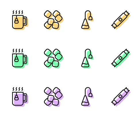Set line Tea bag, Cup of tea with, Sugar cubes and stick packets icon. Vector Stock Illustration