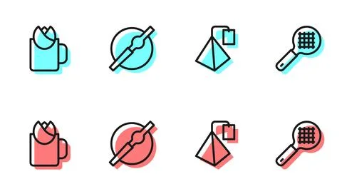 Set line Tea bag, Cup of tea with rose, Cigarette and strainer handle icon... Illustration