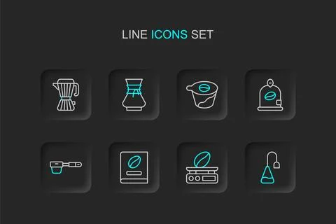 Set line Tea bag, Electronic coffee scales, Coffee book, filter holder, Bag.. Ilustração Stock