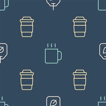 Set line Tea bag with leaf, Cup of tea and on seamless pattern. Vector 스톡 일러스트