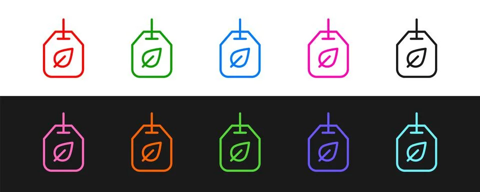 Set line Tea bag with leaf icon isolated on black and white background. Vector Stock Illustration