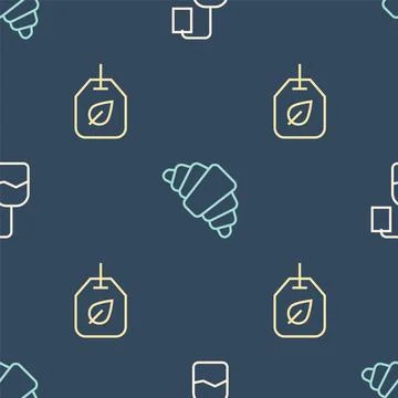Set line Tea bag, with leaf and Croissant on seamless pattern. Vector 스톡 일러스트