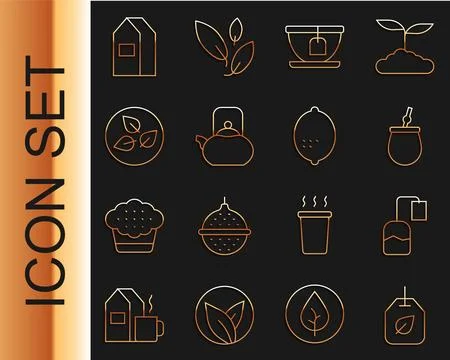 Set line Tea bag with leaf, Mate tea, Cup, Kettle handle, Paper package for.. Illustration