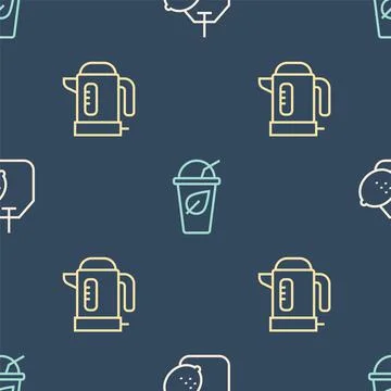 Set line Tea bag with lemon, Electric kettle and Cup of tea leaf on seamless Stock Illustration