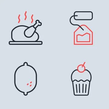 Set line Tea bag, Lemon, Muffin and Roasted turkey or chicken icon. Vector Stock Illustration