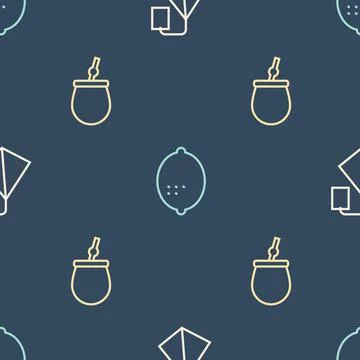 Set line Tea bag, Mate tea and Lemon on seamless pattern. Vector Stock Illustration