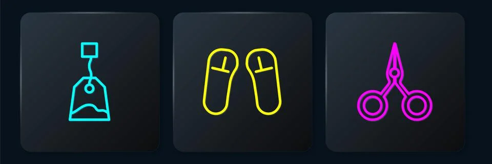 Set line Tea bag, Scissors and Slipper. Black square button. Vector Stock Illustration