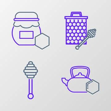 Set line Tea kettle with honey, Honey dipper stick, Honeycomb stickicon and.. Stock Illustration
