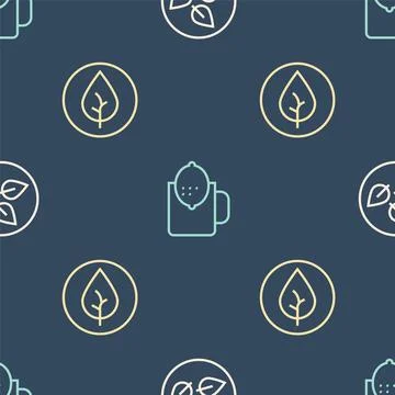 Set line Tea leaf, and Cup of tea with lemon on seamless pattern. Vector Stock Illustration