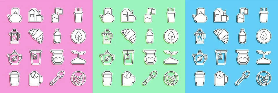 Set line Tea leaf, bag, Croissant, French press, Kettle with handle and Bottl Illustration
