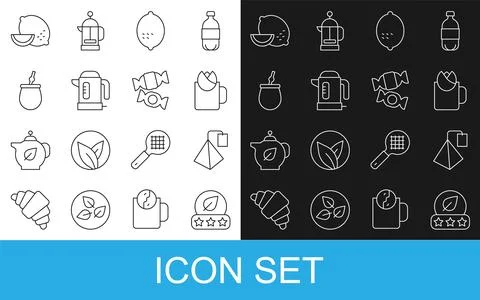 Set line Tea leaf, bag, Cup of tea with rose, Lemon, Electric kettle, Mate,.. Illustration