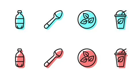 Set line Tea leaf, Bottle of water, Teaspoon and Cup tea with icon. Vector Stock Illustration