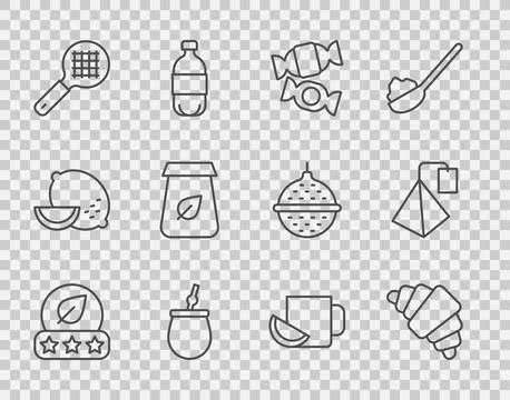 Set line Tea leaf, Croissant, Candy, Mate tea, strainer with handle, packaging Illustration