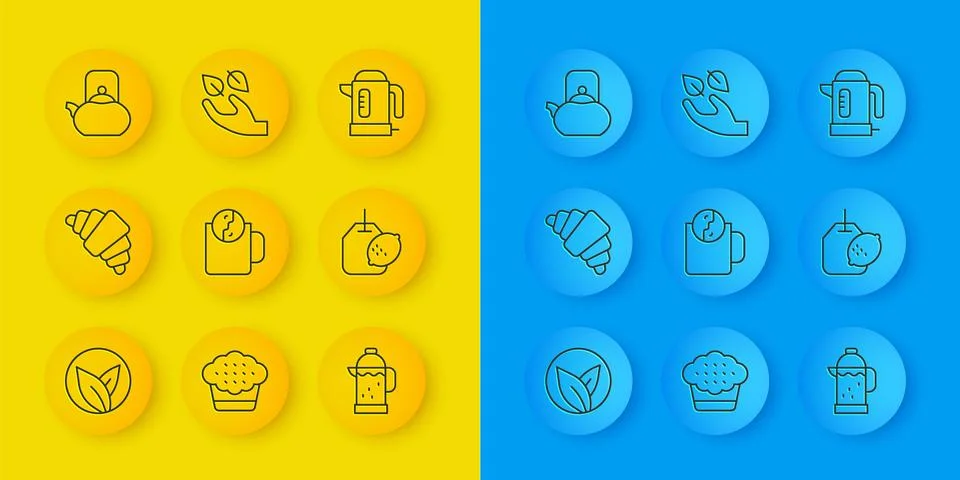 Set line Tea leaf, Croissant, time, French press, bag with lemon, Kettle handle Illustration