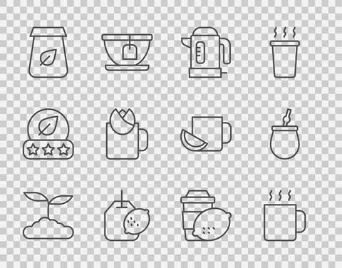 Set line Tea leaf, Cup of tea, Electric kettle, bag with lemon, packaging, rose Illustration