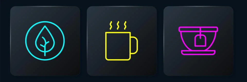 Set line Tea leaf, Cup with tea bag and of. Black square button. Vector Stock Illustration