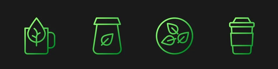 Set line Tea leaf, Cup of tea with, packaging and . Gradient color icons. Vector Illustrazione stock