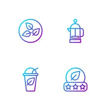 Set line Tea leaf, Cup of tea with, and French press. Gradient color icons Illustrazione stock