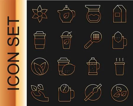 Set line Tea leaf, Cup of tea, with lemon, Teapot, Flower and strainer handle Illustration