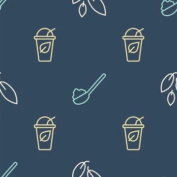 Set line Tea leaf, Cup of tea with and Spoon sugar on seamless pattern. Vecto Illustrazione stock
