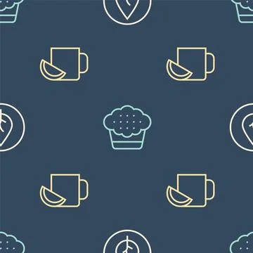 Set line Tea leaf, Cup of tea with lemon and Muffin on seamless pattern. Vect Stockillustratie