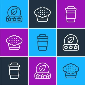Set line Tea leaf, Cup of tea and Muffin icon. Vector Stock Illustration