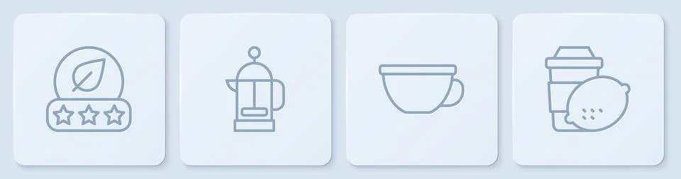 Set line Tea leaf, Cup of tea, French press and with lemon. White square bu.. Stock Illustration