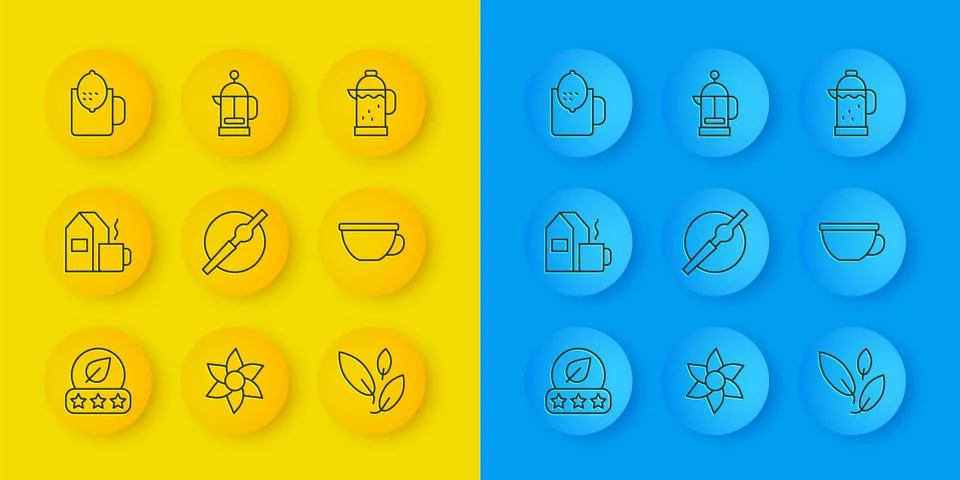 Set line Tea leaf, Cup of tea with milk, Cigarette, lemon, French press and.. Stock Illustration