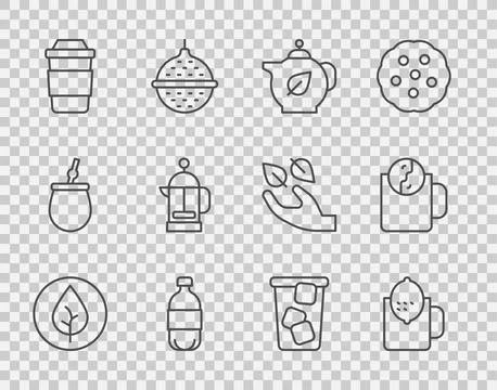 Set line Tea leaf, Cup of tea with lemon, Teapot, Bottle water, French pres.. Stock Illustration