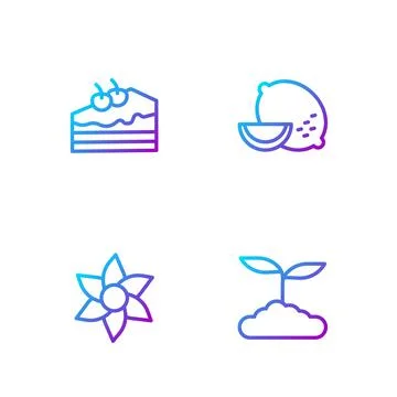 Set line Tea leaf, Flower, Piece of cake and Lemon. Gradient color icons. Vector Stock Illustration