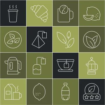 Set line Tea leaf, French press, time, bag, Cup of tea and  icon. Vector Stock Illustration