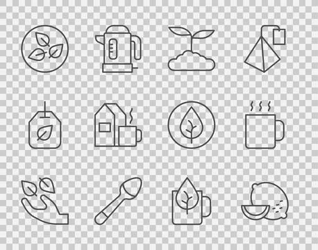 Set line Tea leaf in hand, Lemon, Teaspoon, Cup of tea with milk, and icon Stock Illustration