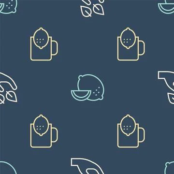 Set line Tea leaf in hand, Cup of tea with lemon and Lemon on seamless patt.. Stock Illustration