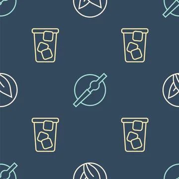Set line Tea leaf, Ice tea and Cigarette on seamless pattern. Vector 스톡 일러스트