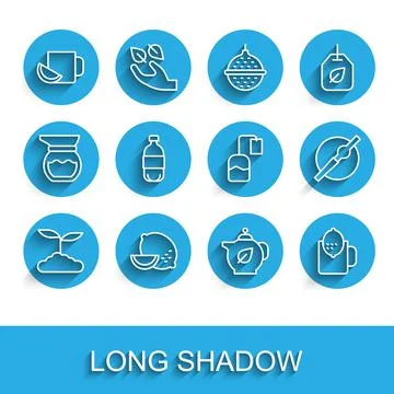 Set line Tea leaf, Lemon, Cup of tea with lemon, Teapot, Bottle water, Cigarette Stock-Illustration