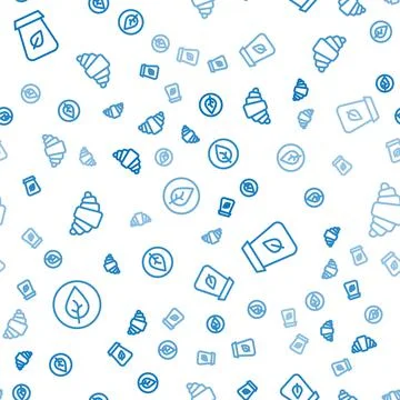 Set line Tea leaf, packaging and Croissant on seamless pattern. Vector Illustrazione stock