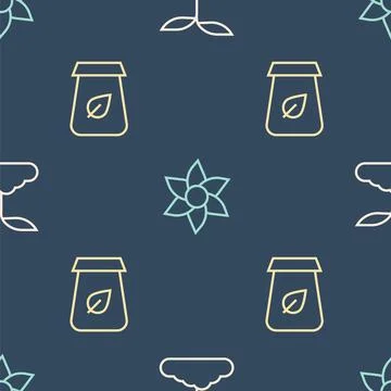 Set line Tea leaf, packaging and Flower on seamless pattern. Vector Illustrazione stock