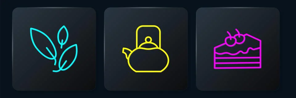 Set line Tea leaf, Piece of cake and Kettle with handle. Black square button Illustration