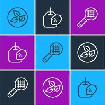 Set line Tea leaf, strainer with handle and bag lemon icon. Vector Illustration