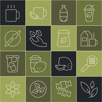 Set line Tea leaf strainer with handle Cup of tea milk Bottle water Cigarette Stock Illustration