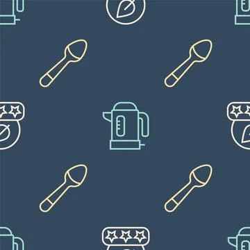 Set line Tea leaf, Teaspoon and Electric kettle on seamless pattern. Vector 스톡 일러스트
