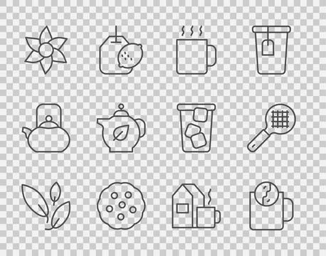 Set line Tea leaf, time, Cup of tea, Cookie or biscuit, Flower, Teapot with Illustration