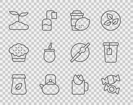 Set line Tea packaging, Candy, Cup of tea with lemon, Kettle handle, leaf, Mate Illustration